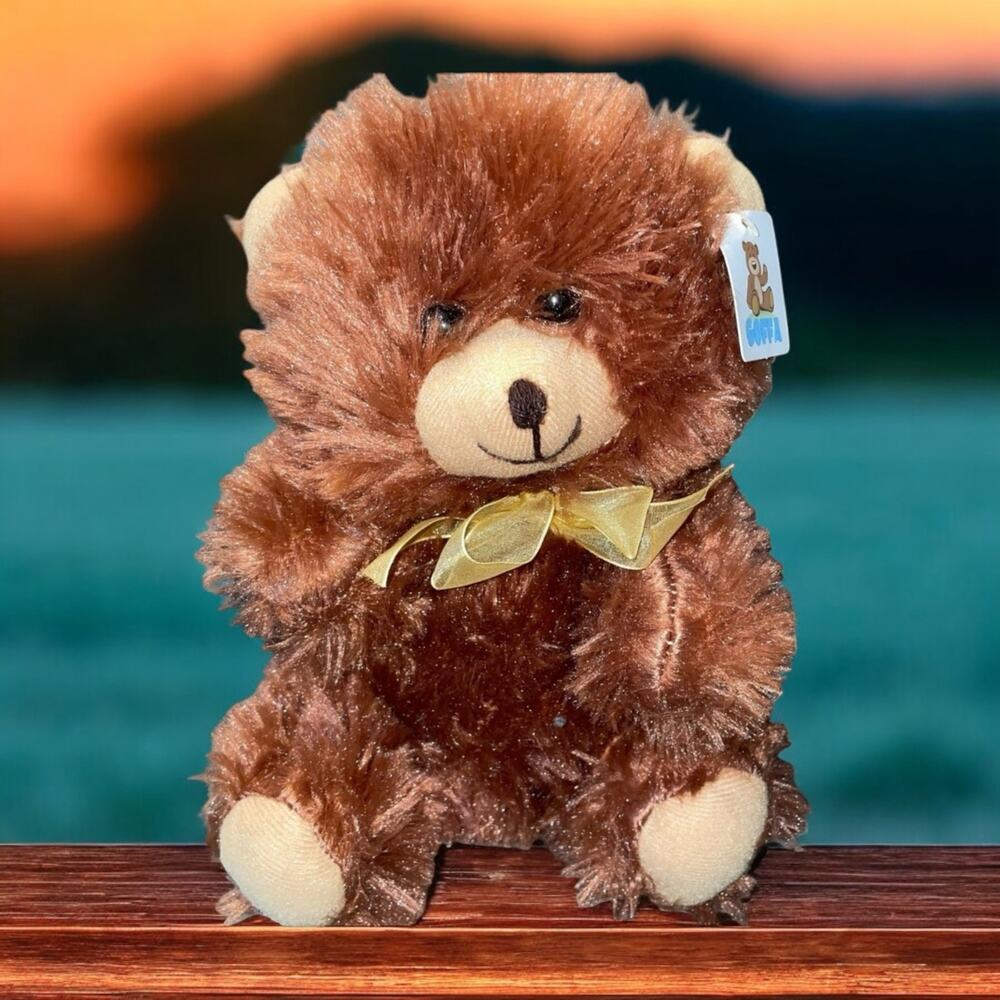 Goffa Teddy Bear 9" Plush Stuffed Animal Brown Yellow Ribbon Baby Shower Gift